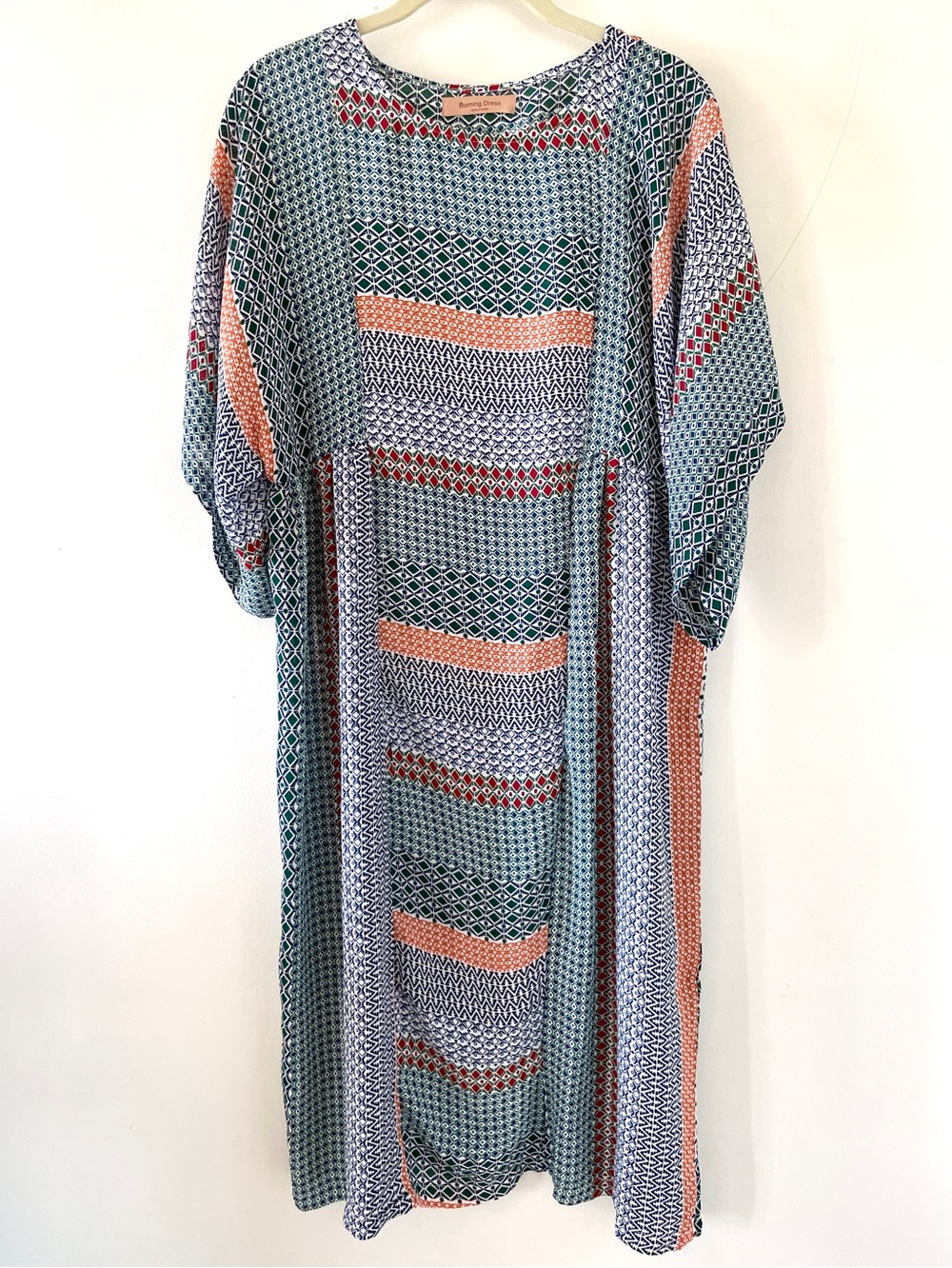 Boho Mixed Geometric Print Global Kimono Short Sleeve Midi Dress Multicolored